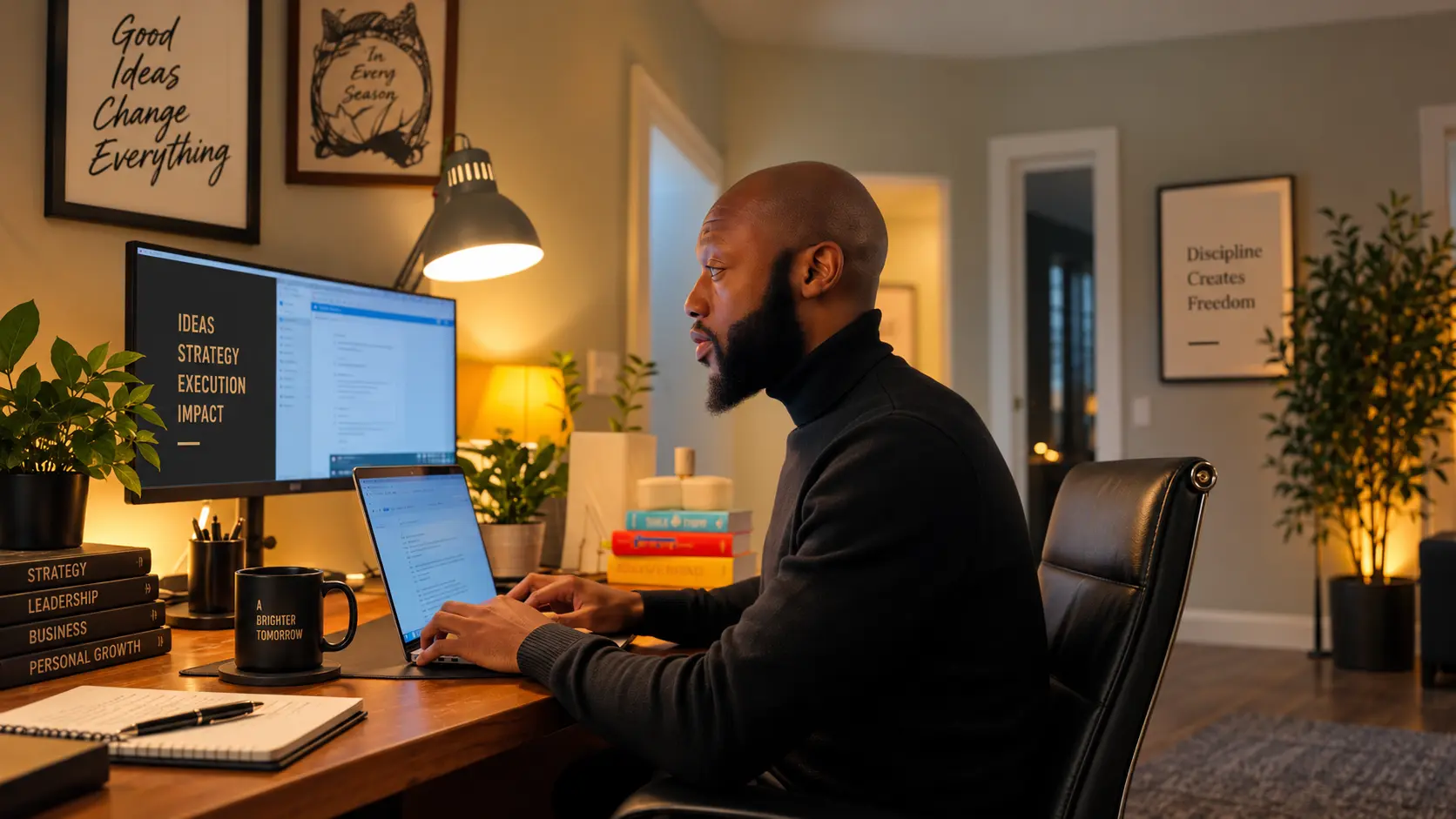 Dee Bright working at his desk