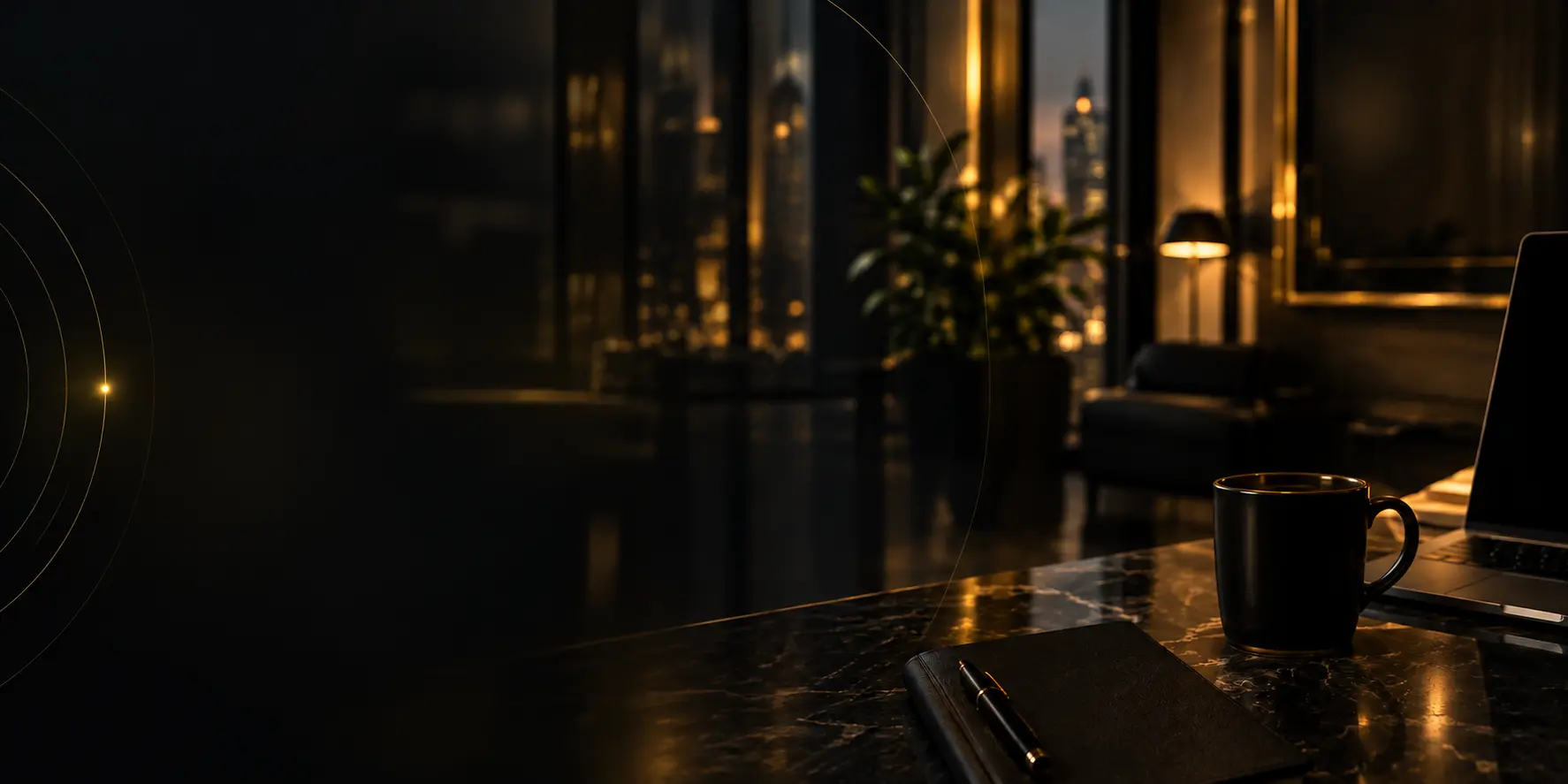 A cinematic executive office with warm gold lighting